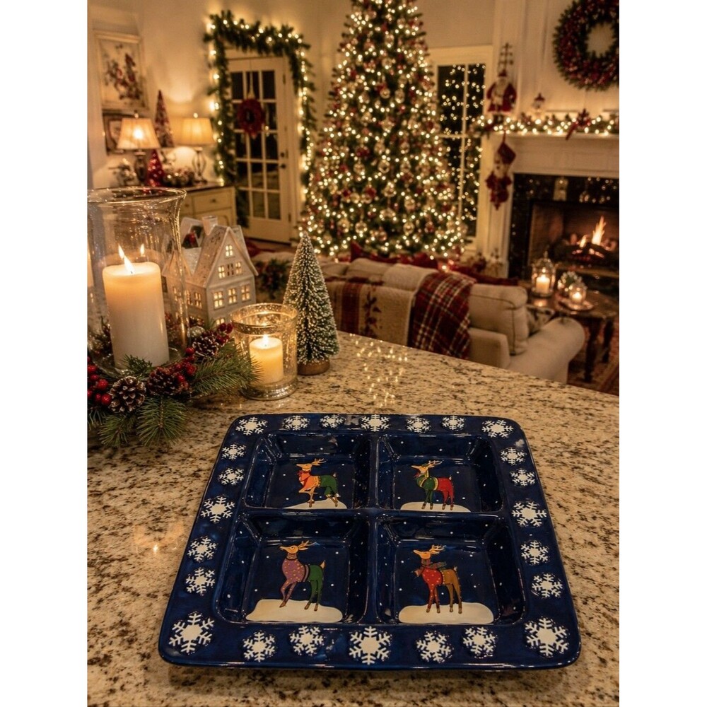 Rebecca Ruegger CIC Reindeer Serving Platter Blue Christmas Theme Square